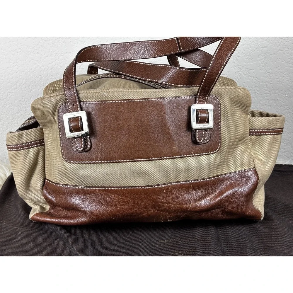 Kate Spade Stevie Baby Satchel Tan Canvas‎ Brown Trim Utility Bag Chic